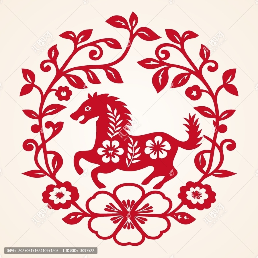 剪紙風(fēng)奔騰駿馬花卉圖