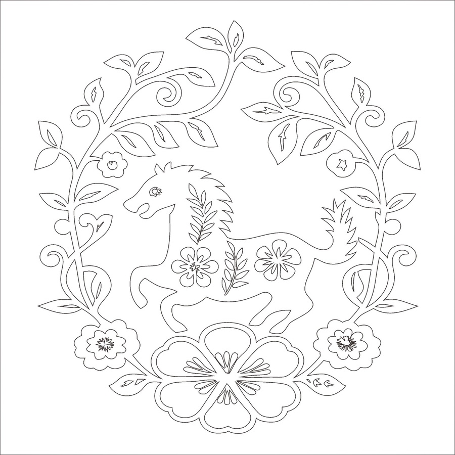 剪紙風(fēng)奔騰駿馬花卉圖