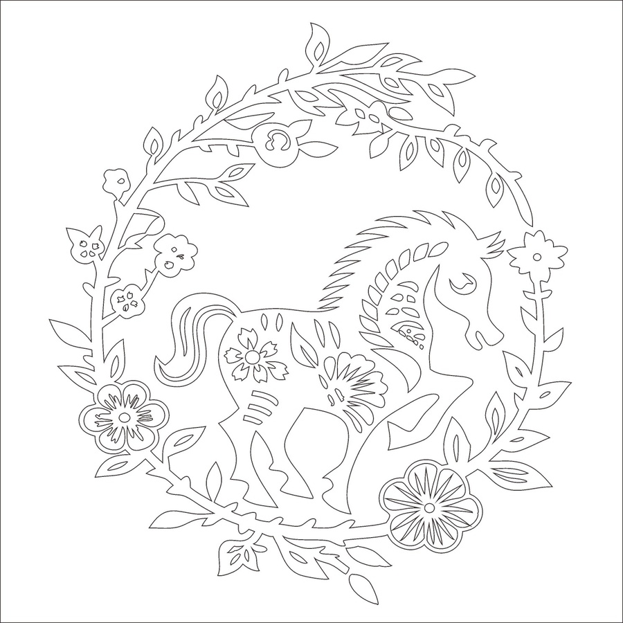 剪紙風(fēng)駿馬花卉裝飾圖案