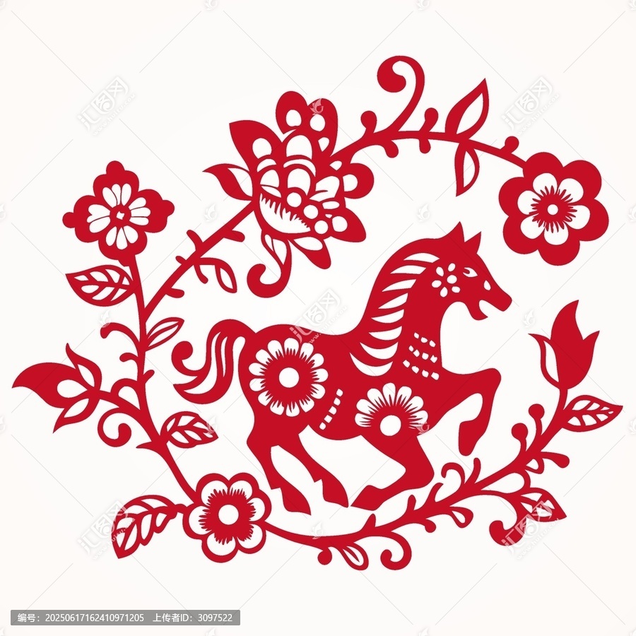 傳統(tǒng)剪紙風(fēng)駿馬花卉圖案