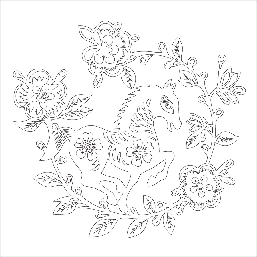 剪紙風(fēng)駿馬花卉裝飾圖案