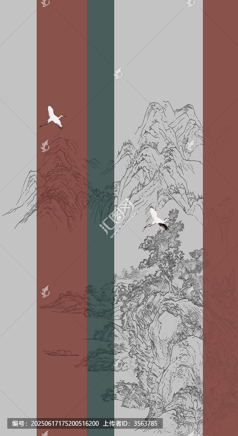 手繪玄關(guān)線描瑞鶴圖國(guó)畫框畫圓形畫