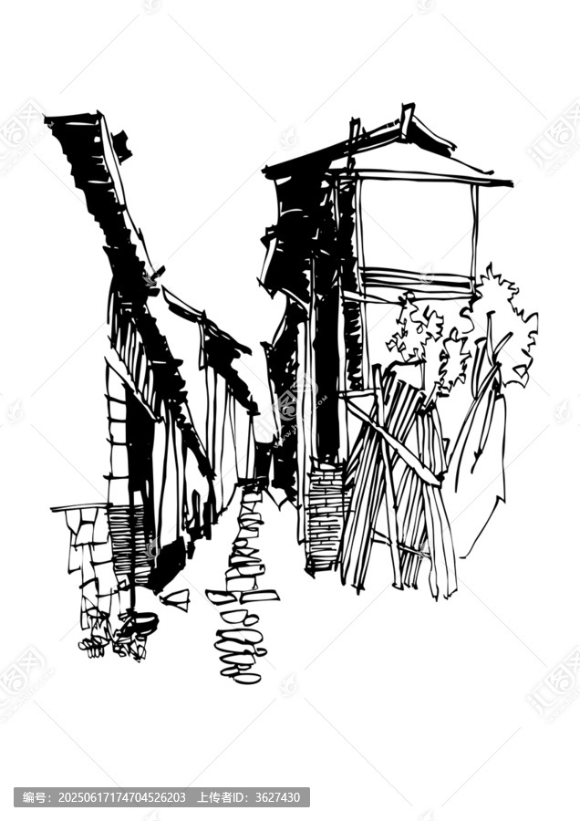 古鎮(zhèn)老街手繪村中小巷線稿
