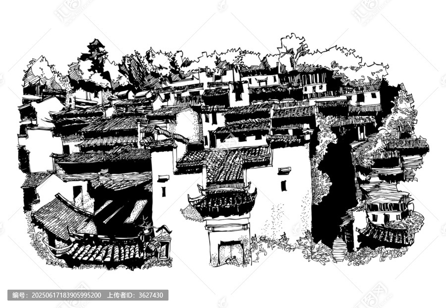 村落風景鋼筆畫婺源篁嶺村寨矢量圖