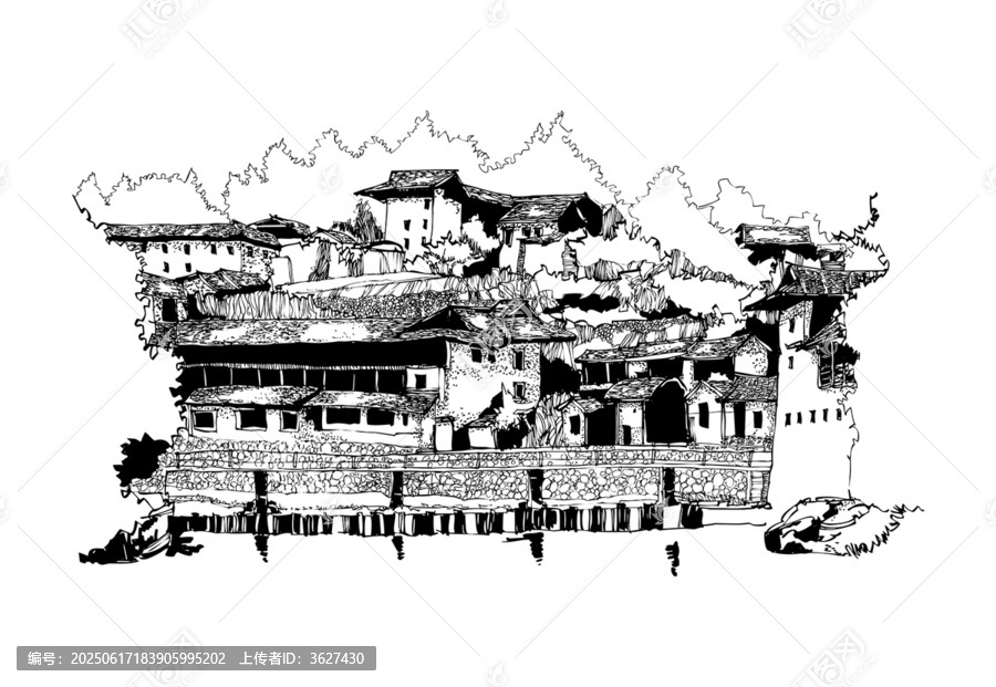 村落風(fēng)景鋼筆畫南靖土樓矢量圖