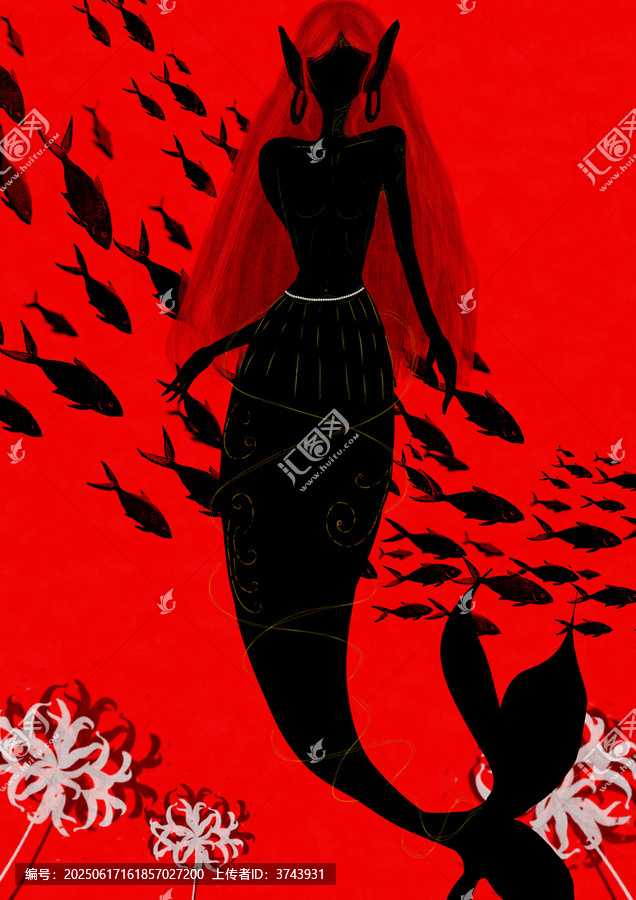 紅色背景下的夢(mèng)幻美人魚剪影