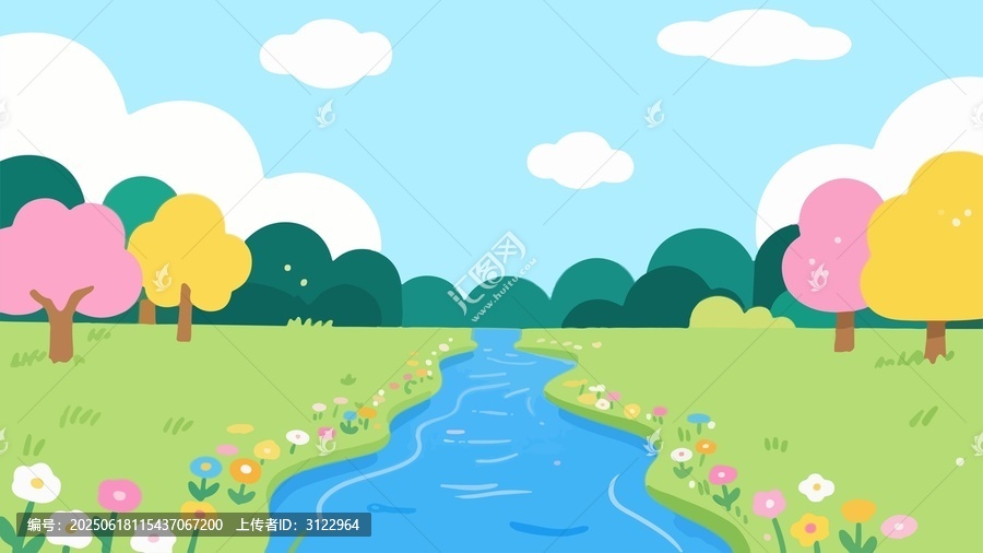 清新田園風(fēng)河畔風(fēng)景插畫