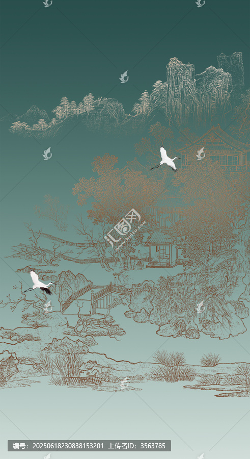 手繪玄關(guān)線描山水寫意禪意山水白鶴圖