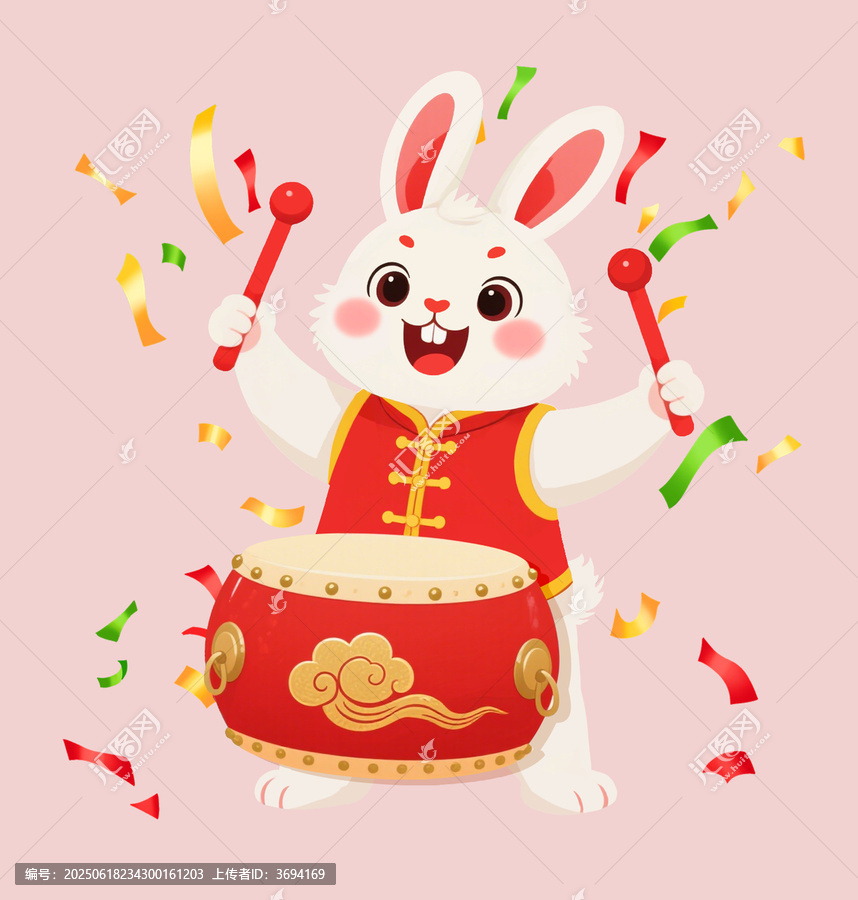 敲鼓的兔子角色插畫