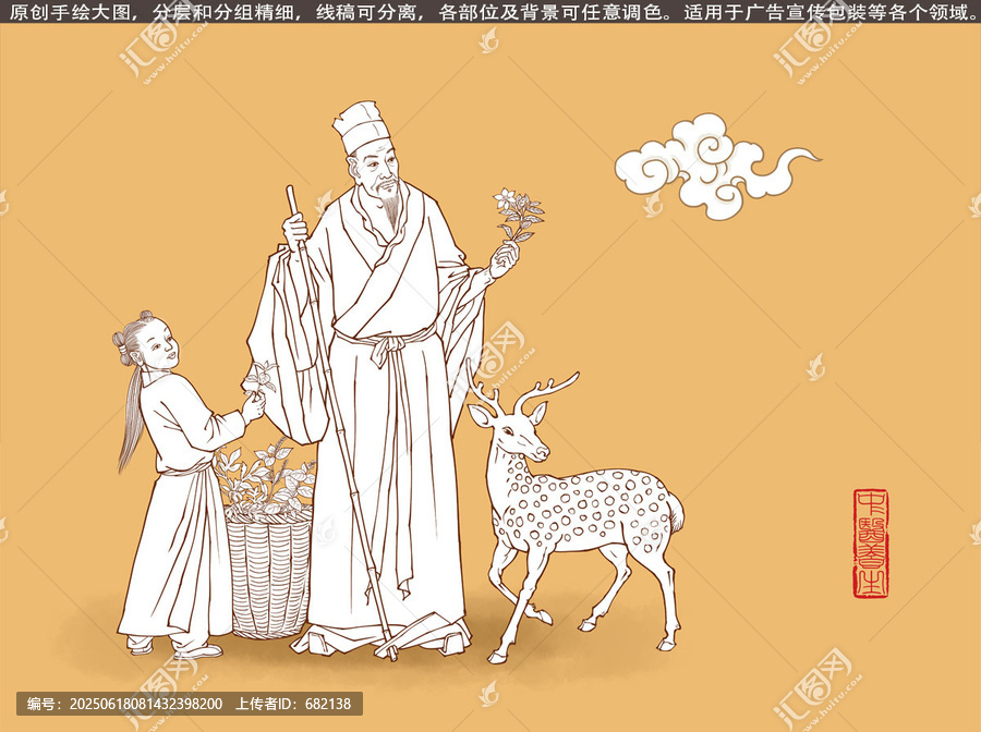 李時(shí)珍采藥圖線描版