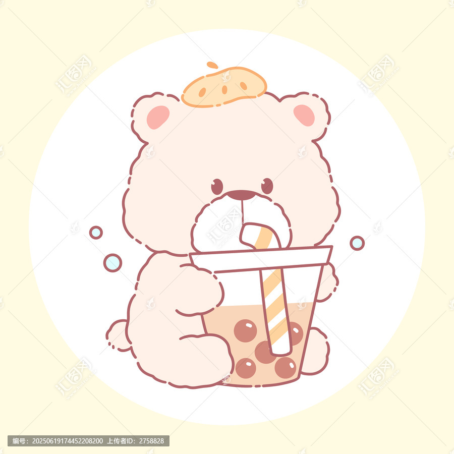 卡通小熊愜意喝珍珠奶茶
