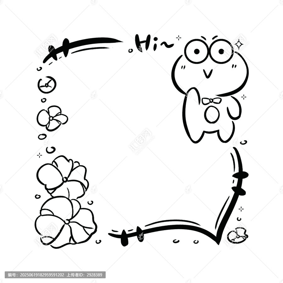 卡通青蛙花卉邊框插畫(huà)黑白便簽圖案可印刷