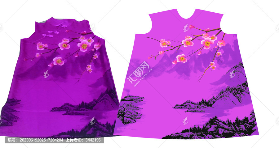 紫底山水梅花圖案無袖服飾