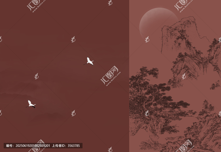 新中式國風(fēng)線描山水瑞鶴圖壁畫