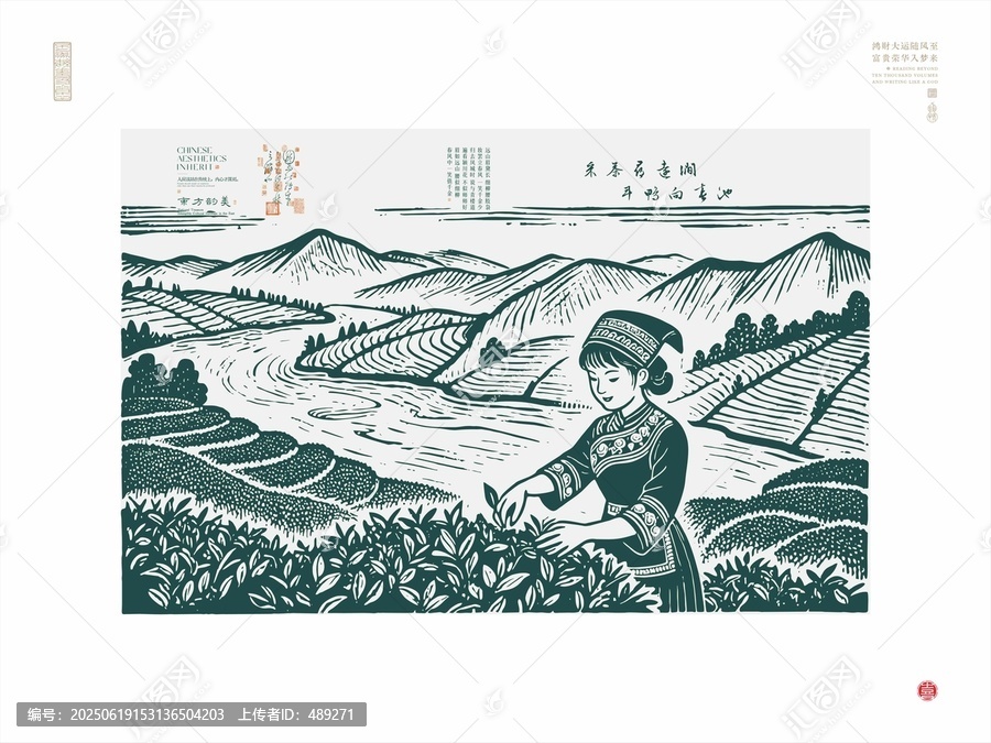 少數(shù)民族女子茶園采茶圖景