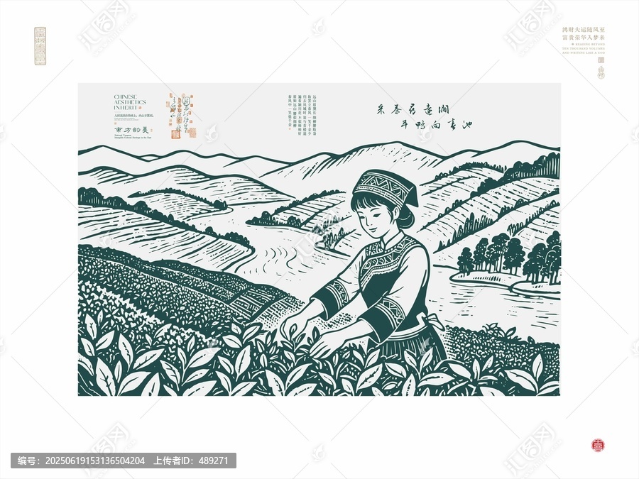少數(shù)民族姑娘茶園采茶圖