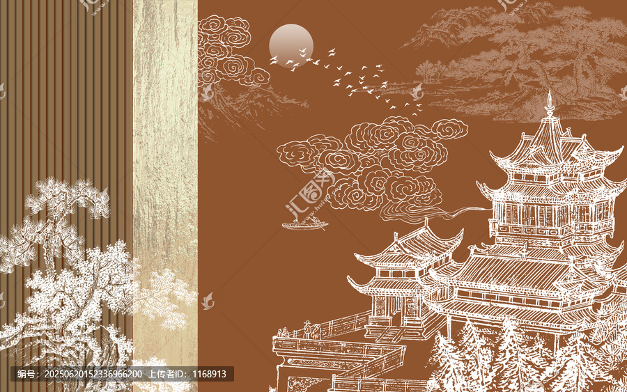 新中式刺繡樓閣山水背景墻