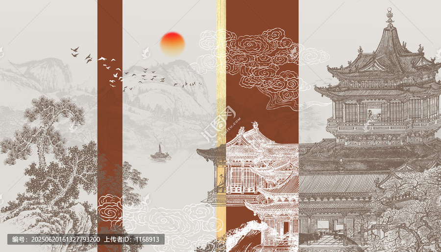 中式樓閣山水畫刺繡背景壁畫