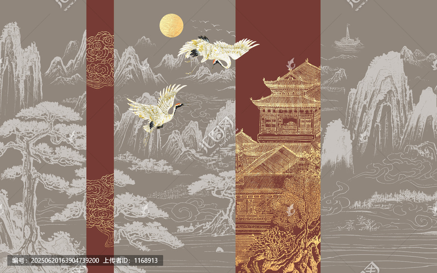 中式輕奢仙鶴山水刺繡背景墻