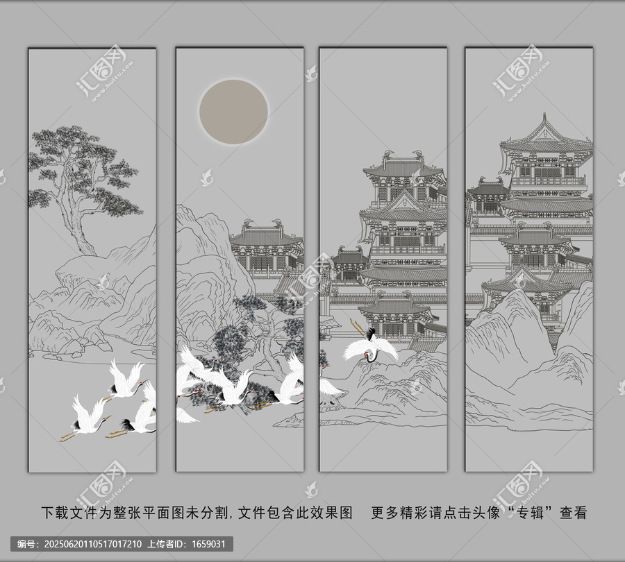 國(guó)畫線描瑞鶴圖掛畫