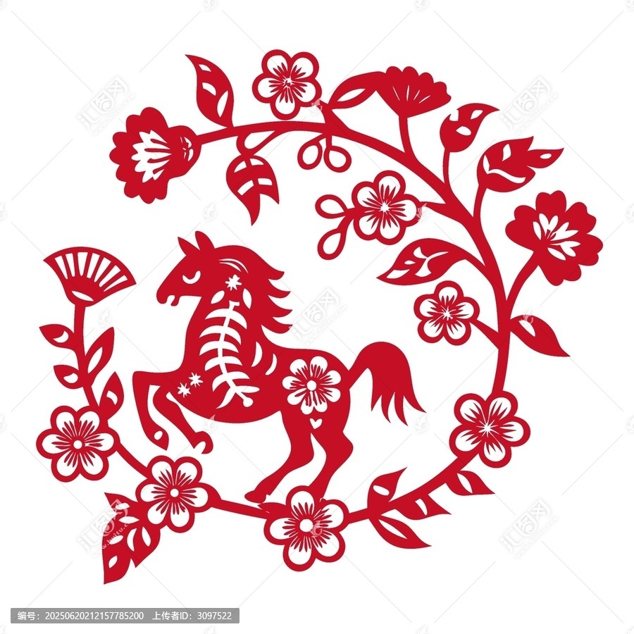 剪紙風(fēng)紅色駿馬花卉圖案