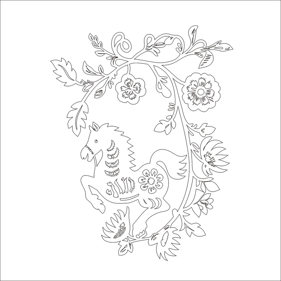 剪紙風(fēng)紅色駿馬花卉圖案