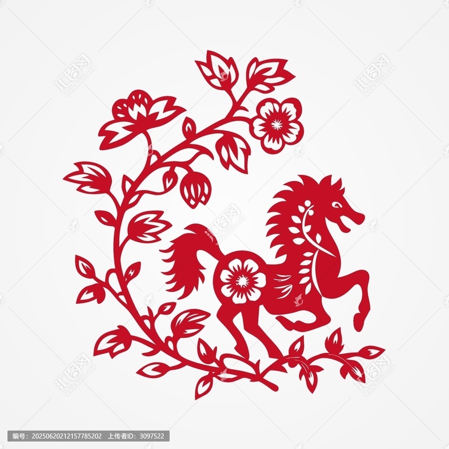 剪紙風(fēng)奔騰駿馬花卉圖案