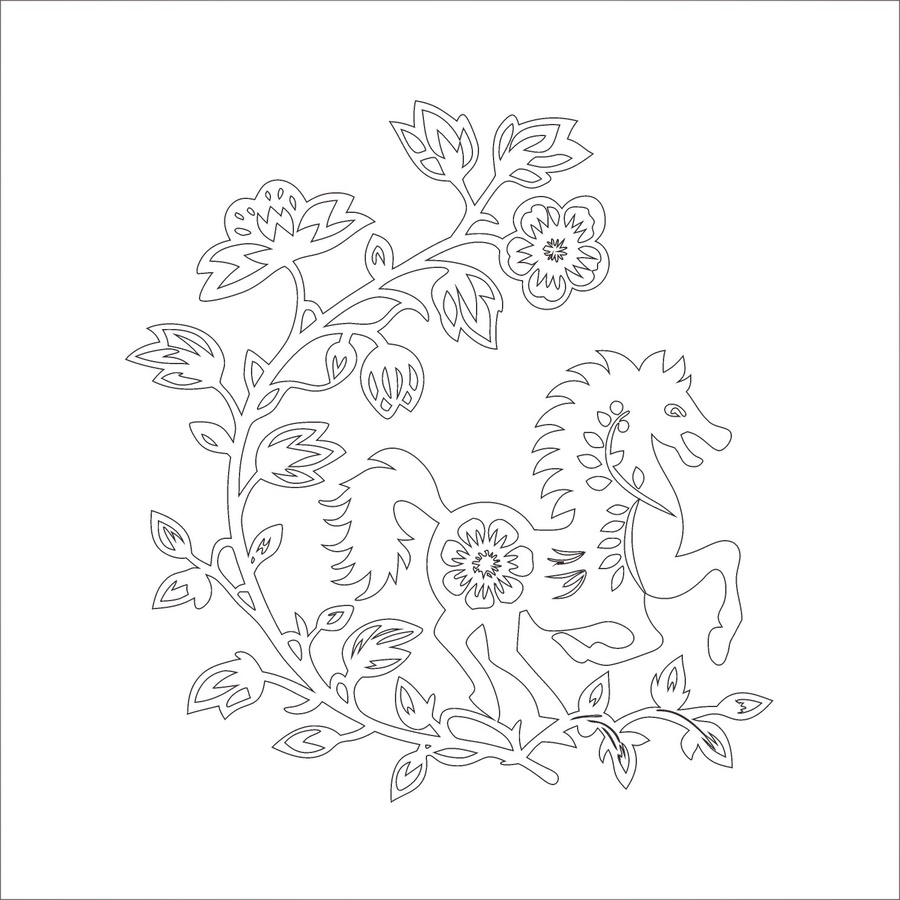 剪紙風(fēng)奔騰駿馬花卉圖案