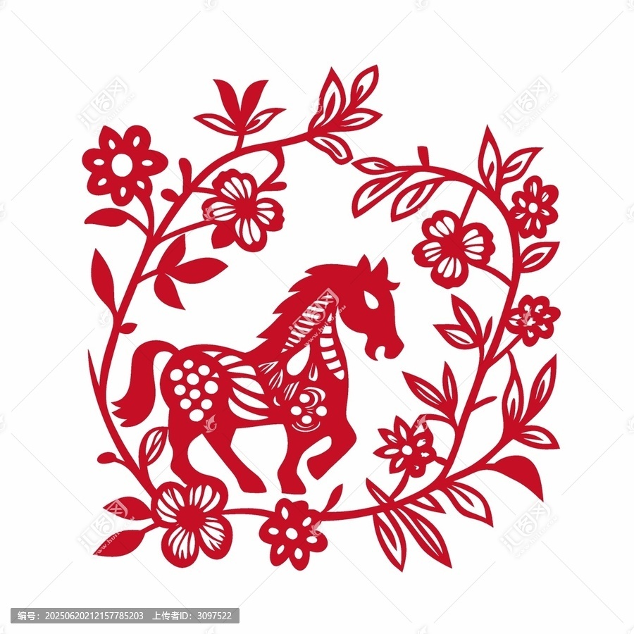 剪紙風(fēng)花卉環(huán)繞駿馬圖案