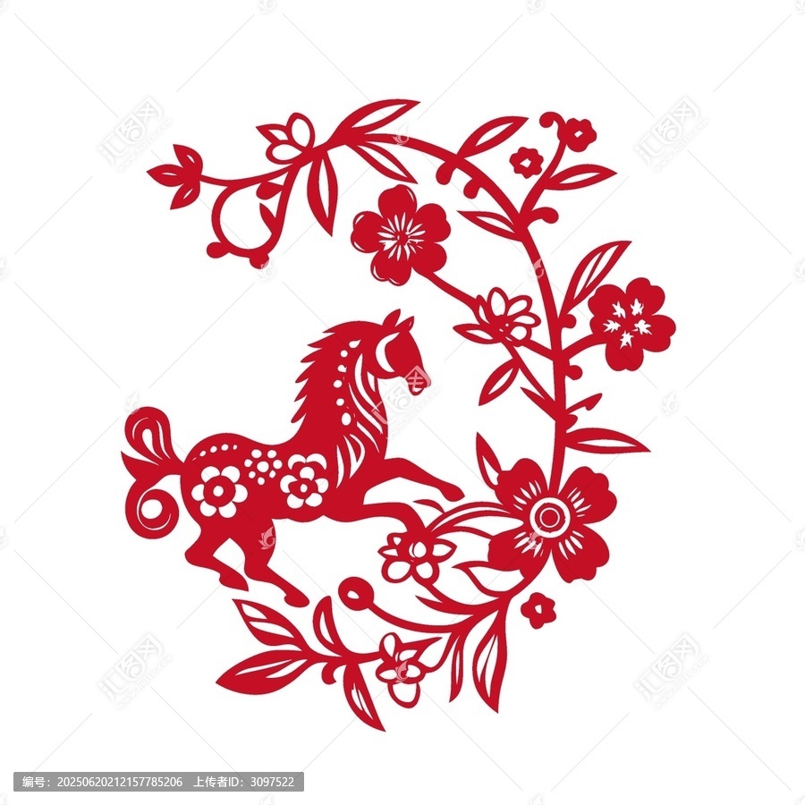 剪紙風駿馬花卉裝飾圖案