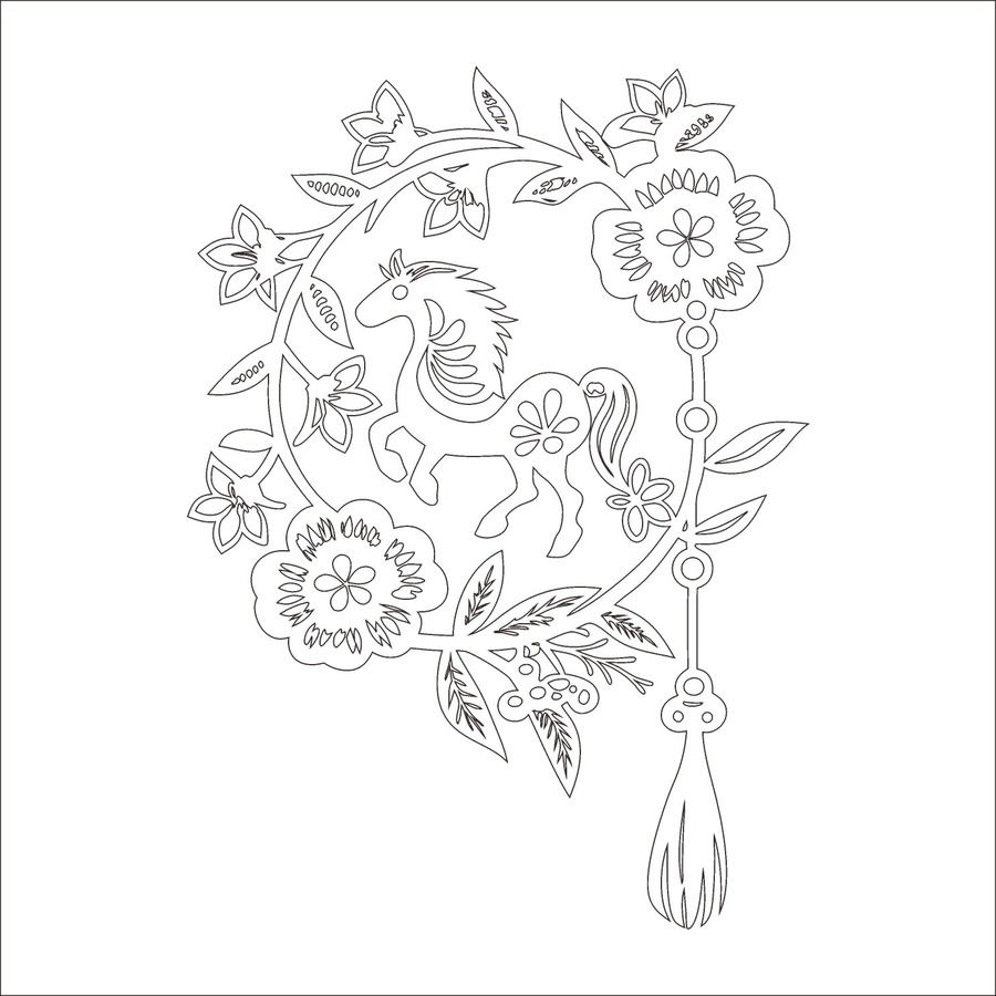 剪紙風花卉環(huán)繞奔騰駿馬
