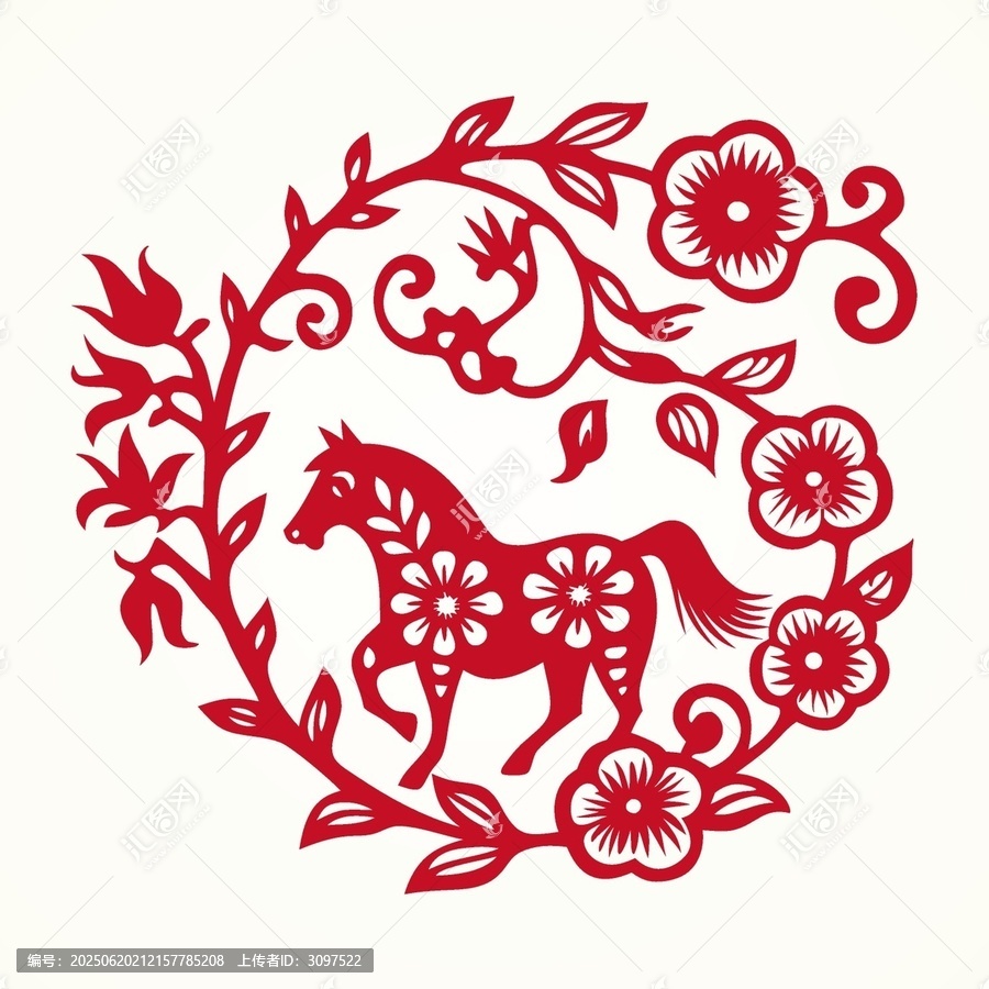 中式剪紙風(fēng)駿馬花卉圖案