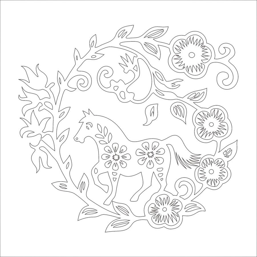 中式剪紙風(fēng)駿馬花卉圖案