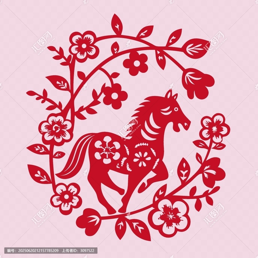 剪紙風(fēng)奔騰駿馬花卉圖案