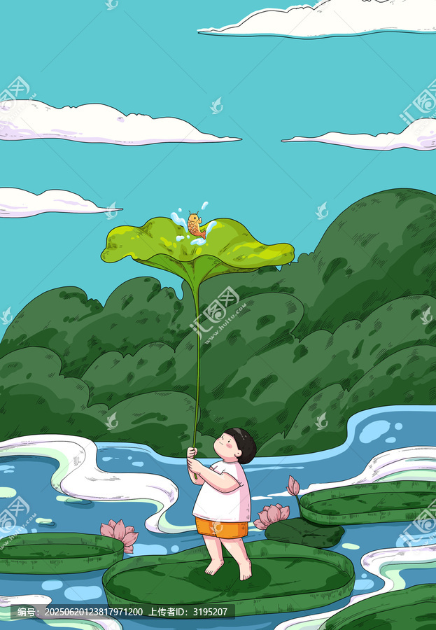 舉著荷葉的孩子