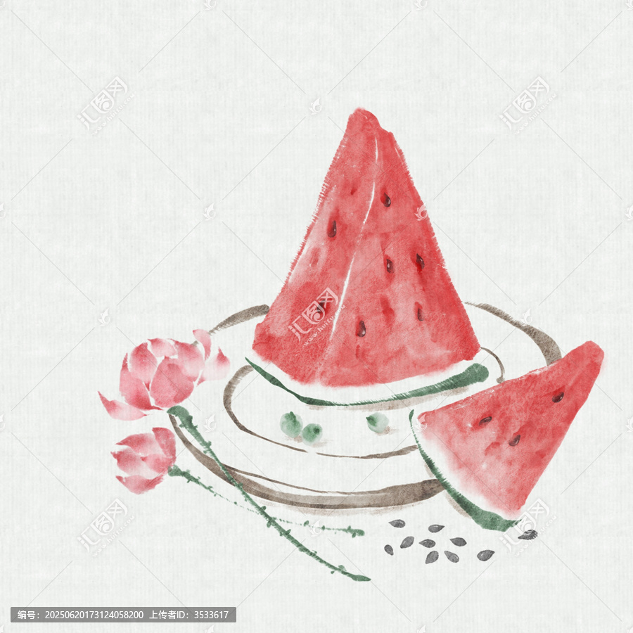 水墨風(fēng)西瓜與荷花插畫(huà)