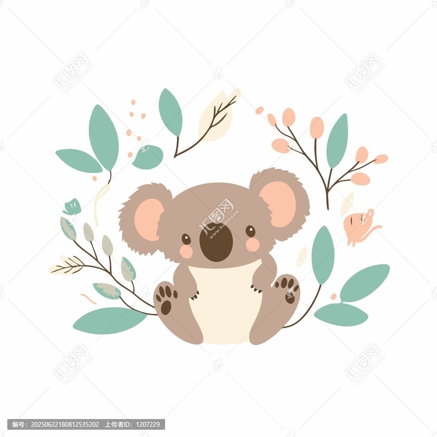 可愛考拉與花草元素插畫