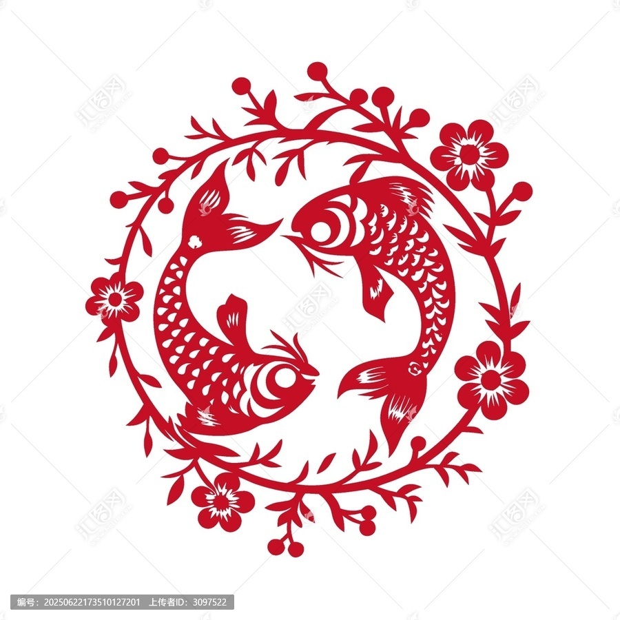 傳統(tǒng)剪紙雙錦鯉花卉圖案