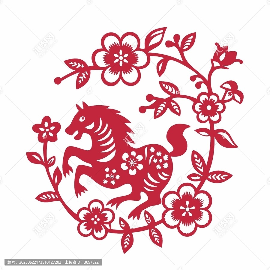 剪紙風(fēng)生肖馬花卉圖案