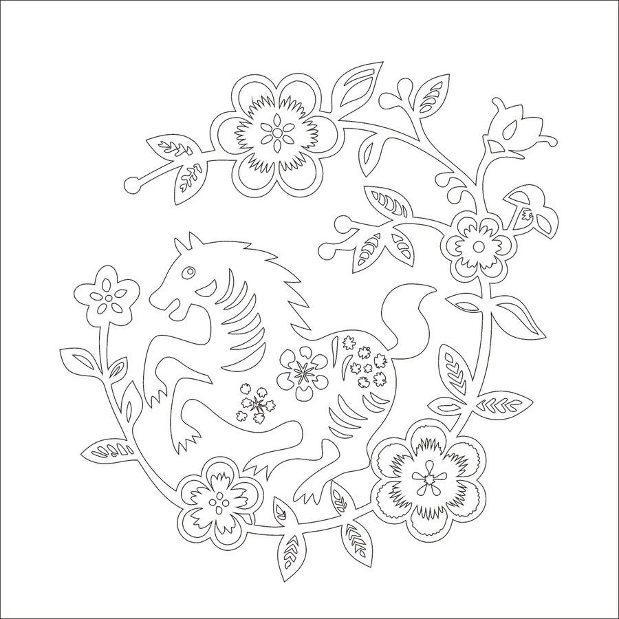 剪紙風(fēng)生肖馬花卉圖案