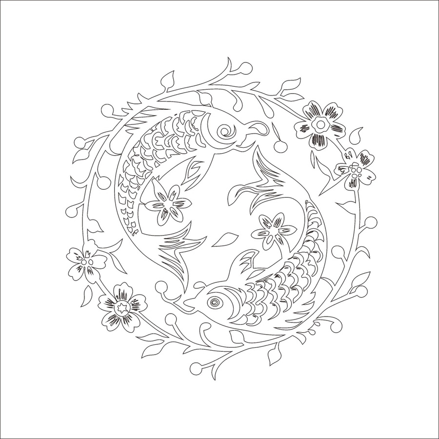中式雙魚(yú)花卉剪紙圖案