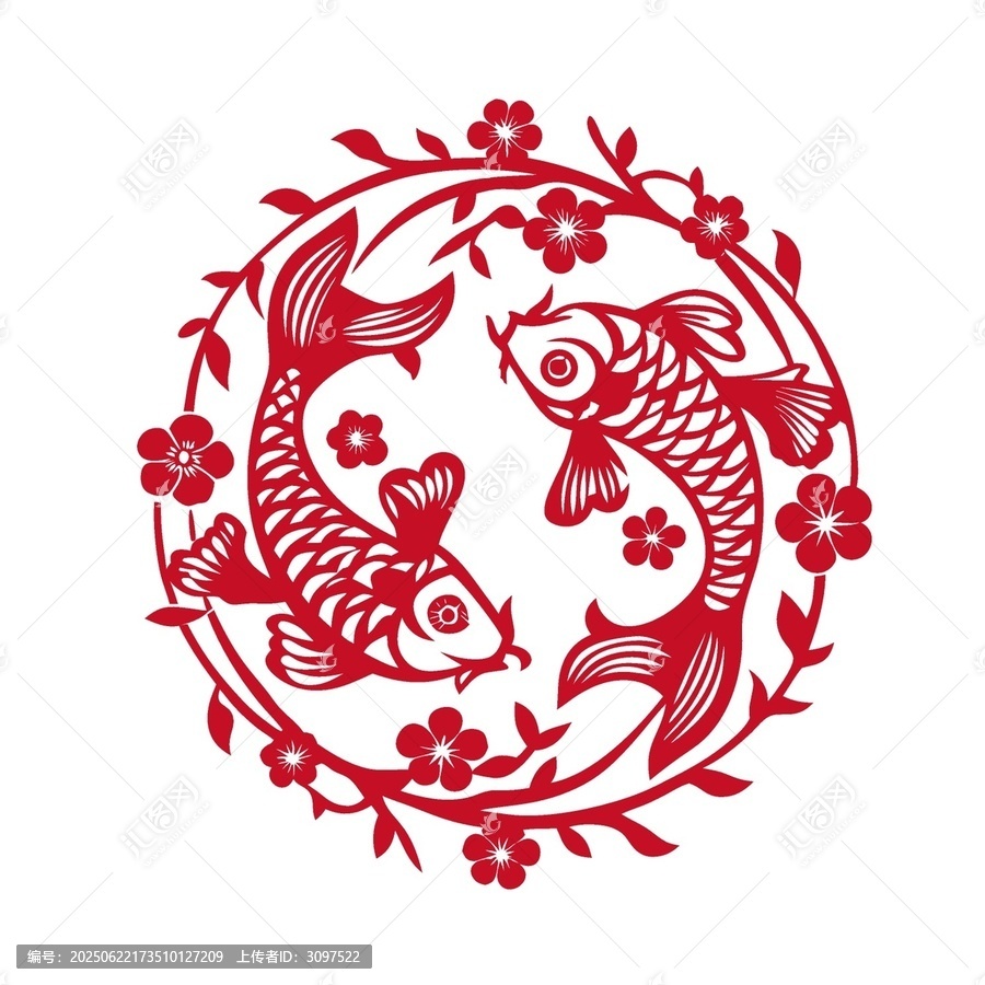 雙錦鯉剪紙花卉圓形圖案