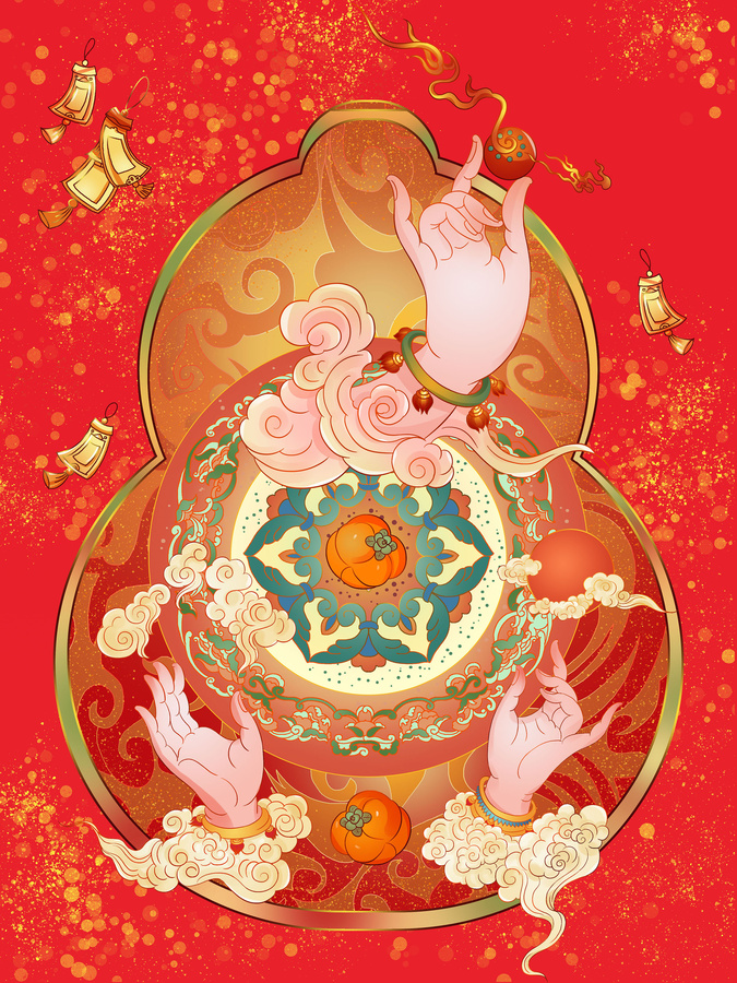 佛手葫蘆萬事如意祈福主題插畫