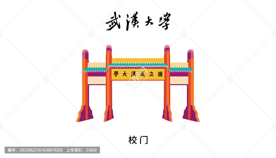 武漢大學(xué)大門彩色矢量插畫