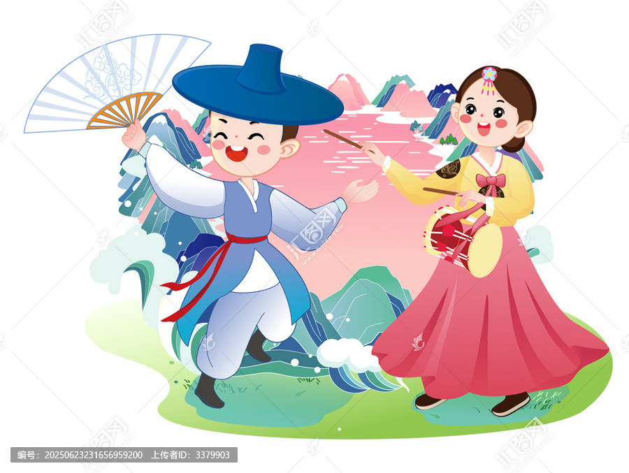 少數(shù)民族民俗村朝鮮族舞蹈人物卡通插畫