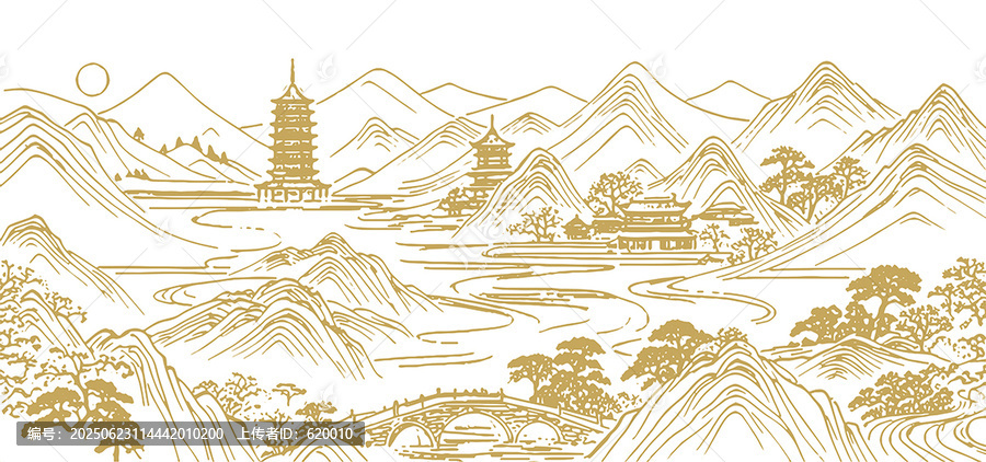 中式山水樓閣輪廓線條畫禮盒背景矢量圖