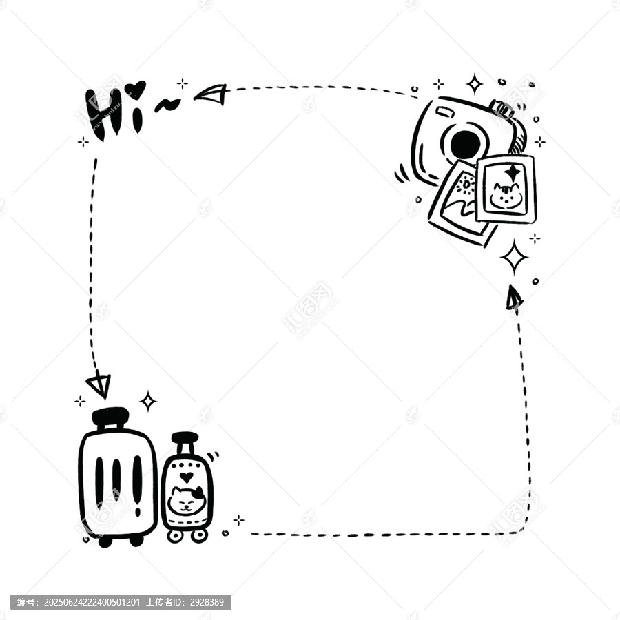 手繪旅行元素邊框插畫素材黑白便簽印刷稿