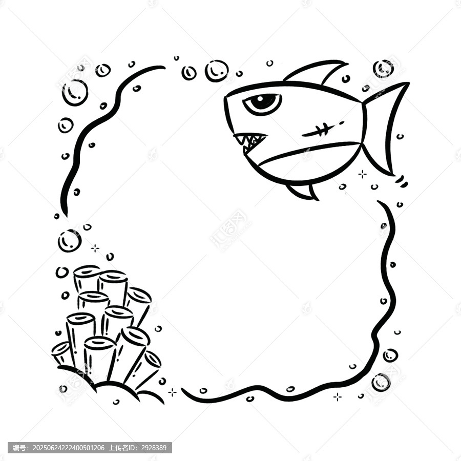 卡通小魚(yú)與海底珊瑚邊框素材黑白便簽印刷稿