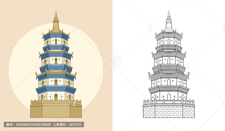 永州地標(biāo)建筑迴龍塔插畫線稿圖