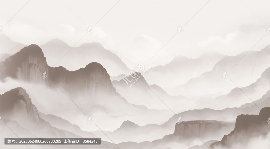 水墨云霧繚繞的連綿山巒